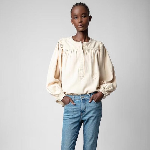 Zadig & Voltaire Tigy Cotton Twill Blouse Top Embroidered Long Sleeve M 274986 - Picture 1 of 7